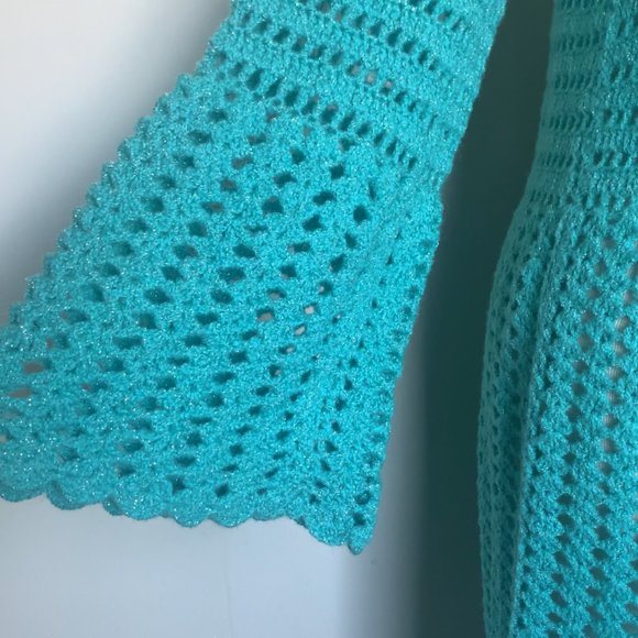 Crochet Bell Sleeve Turquoise Dress with Button Closure - Picture 4 of 8